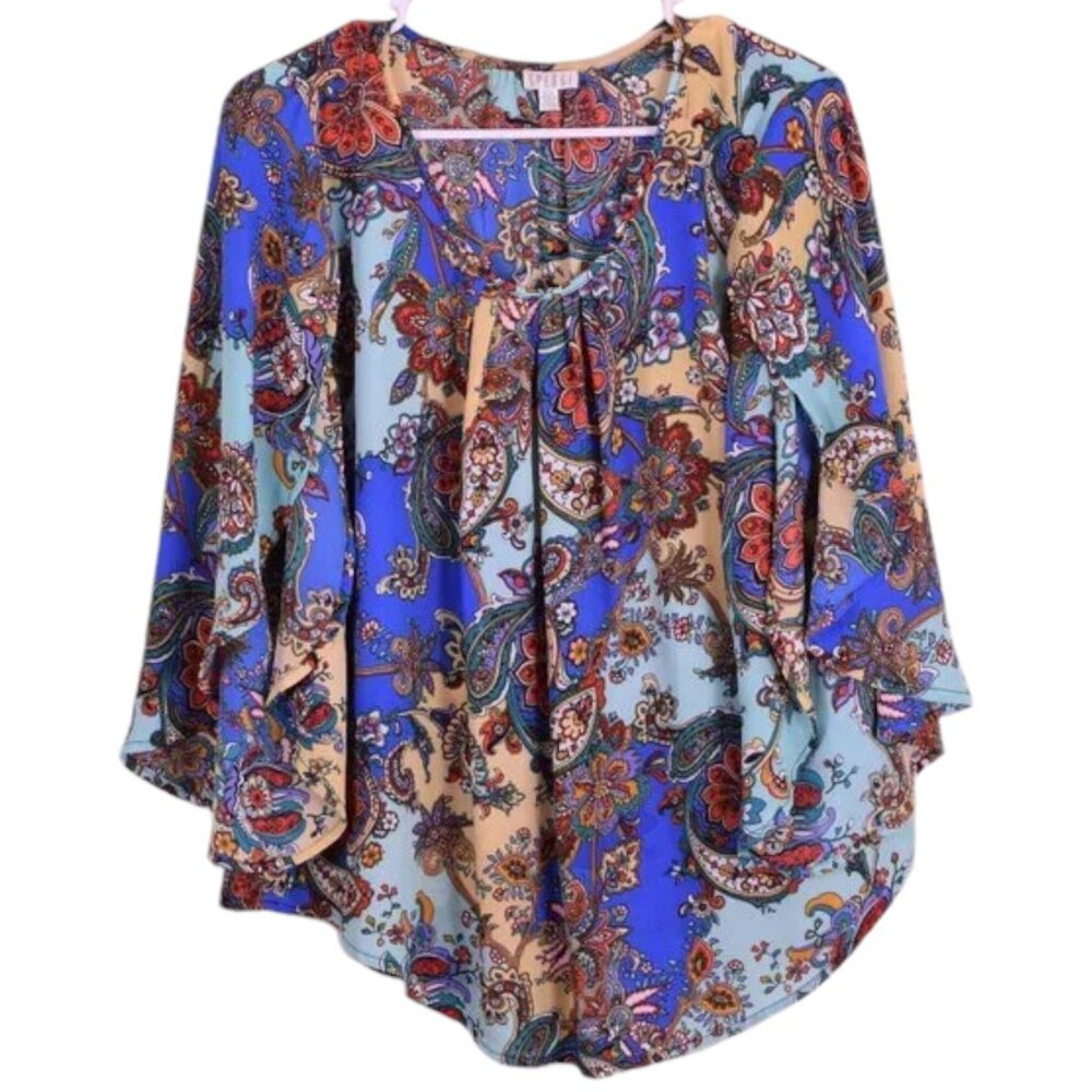 Spense Women's Paisley Open Bell Sleeve Oversized Multicolor Blouse Top - Size L